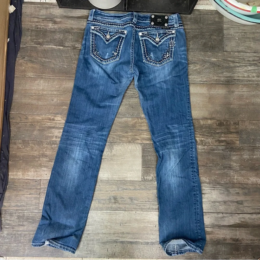 Miss Me Dark Blue Straight Leg Jeans Dark wash Jewled Distressed - Picture 8 of 9